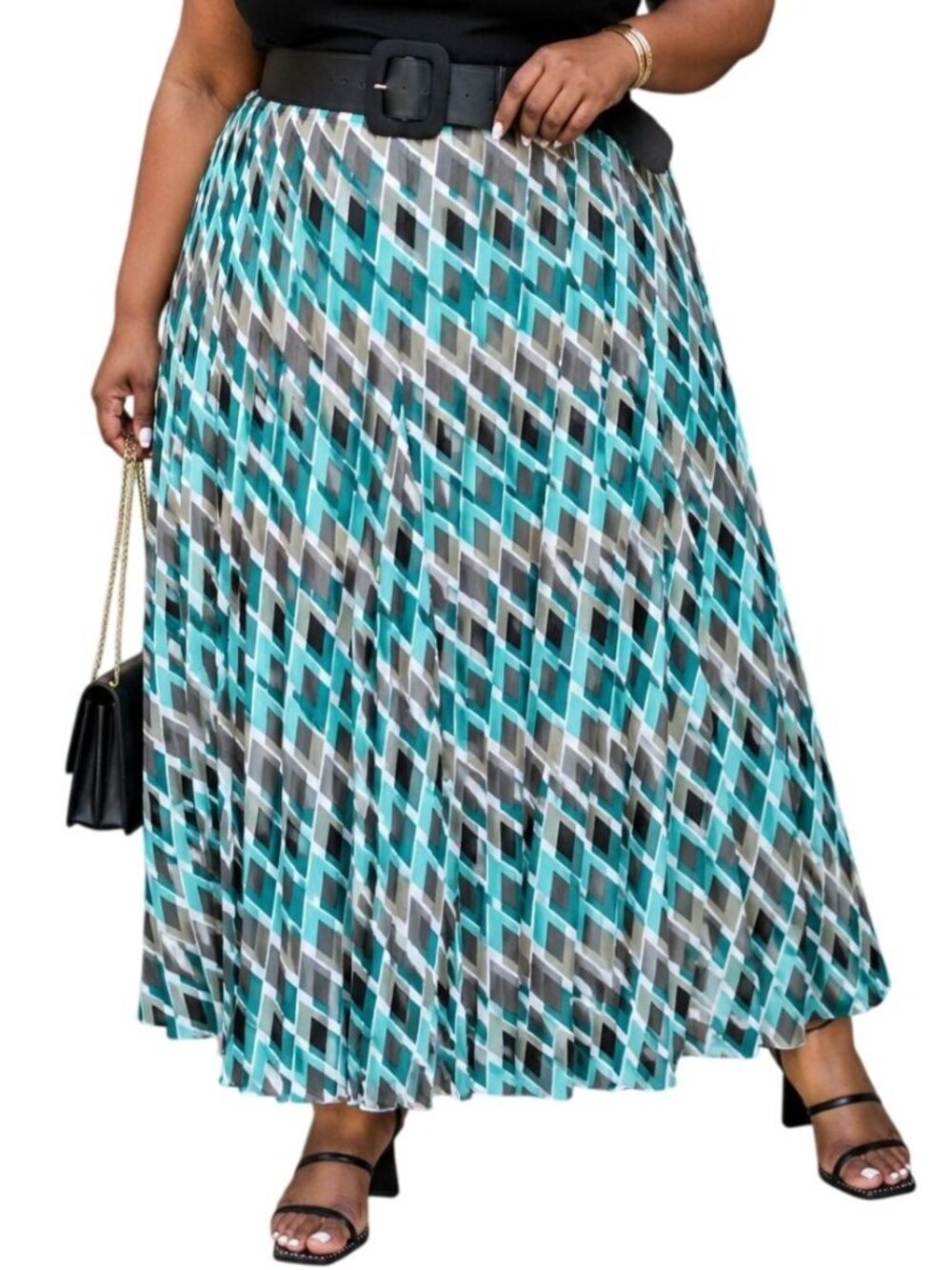 Cato Plus Size 26/28W Skirt Maxi Diamond Print Pleated Teal Blue Gray Black